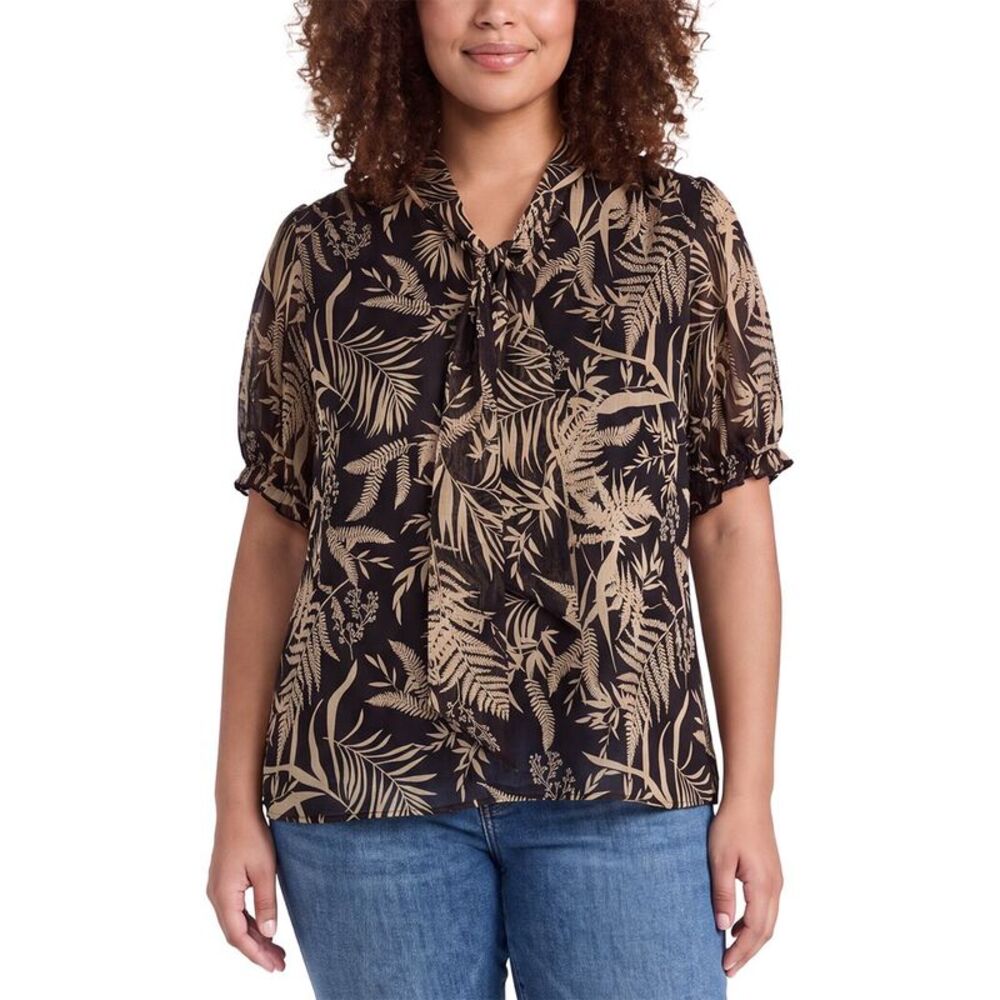 Jones New York Womens  Plus Tie Neck Blouse, Black